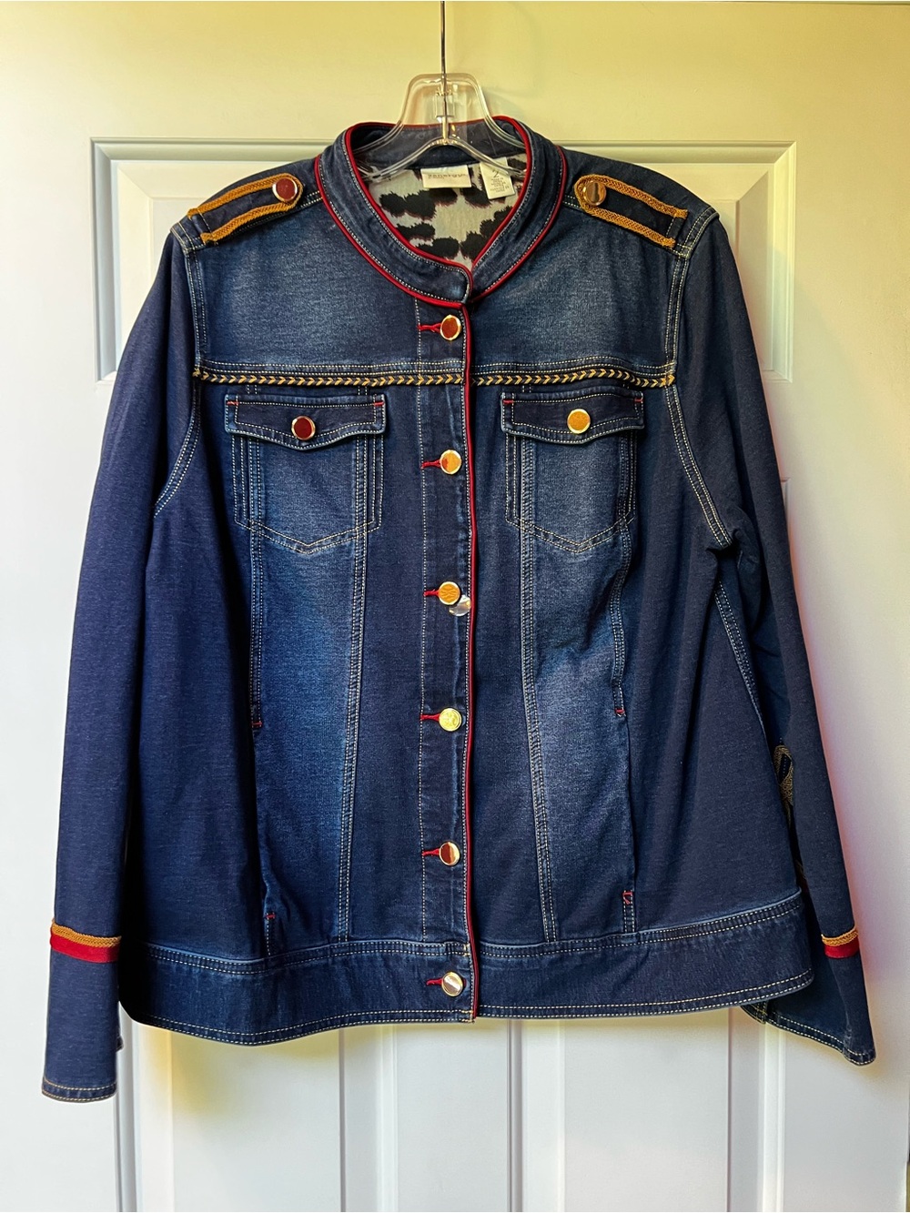 Chico's Navy Denim Military-Style Jacket with Gold Accents and Red Trim